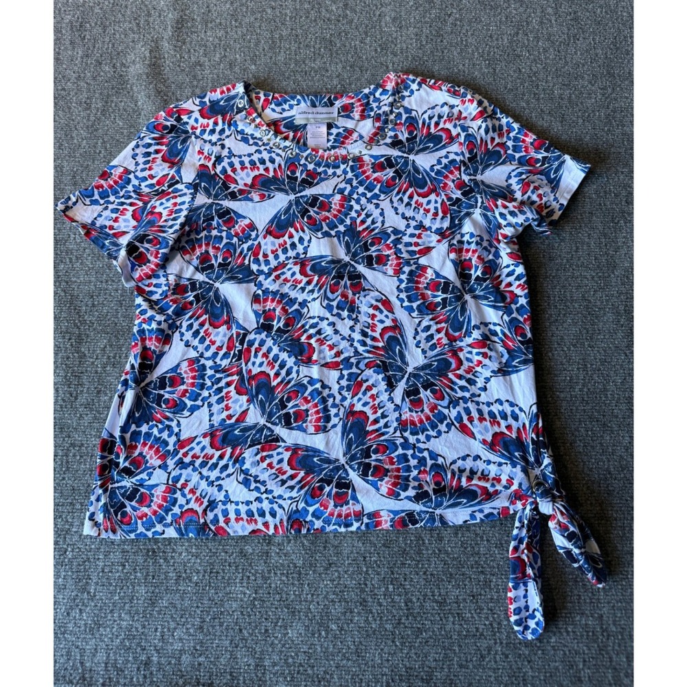 Alfred Dunner Petite Butterfly Print Studded Neck Side Tie Top Blue Red PM